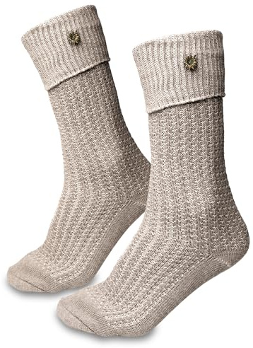 Steigenhöfer Manufaktur Trachtensocken Herren und Damen Lang – Klassische Trachtenstrümpfe im Zopfmuster – Oktoberfest Strümpfe aus Baumwolle für Männer & Frauen – Naturbraun mit Edelweiß – 43-44