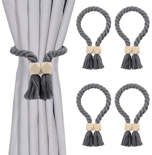 4 Stück Magnetische Vorhang Raffhalter, Gardinenhalter Vorhanghalter, Grau | Gardinenraffer aus Holz Boho, Gardinen Raffhalter, Baumwollseil, Raffhalter für Gardinen Home Büro Gardinen Deko