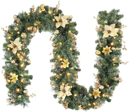Lewondr Weihnachtsgirlande mit Beleuchtung, 2,7m 50LED Warm Batteriebetrieben Girlande Lichter mit Timer, Weihnachtsdeko Innen für Treppen Geländer Kamin Kaminsims Verand, Goldene Blume & Kugeln