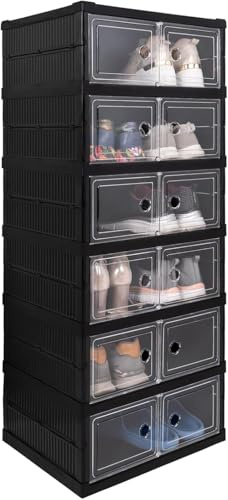 Verda Schuhschrank 6 Reihen Schuhregal und Schuh Organizer aus Kunststoff mit magnetischer Tür, faltbar und stapelbar, Schuhe und Stiefel, Schwarz, Transparente Schuhboxen
