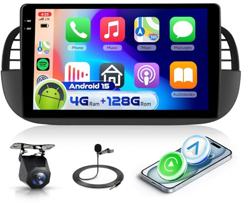 4G&128G VECHTEL 9 Bilradio för FIAT 500 2007-2015 med trådlös Android Auto Carplay, Auto Bluetooth FM/RDS-radio, EQ, Navi Wi-FI/AHD backkamera