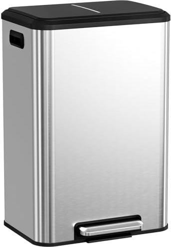 LIFERUN Mülleimer 40l, Abfalleimer Küche mit Inneneimer,Silber | mit Deckel Softclose, Tretmülleimer aus Stahl, für Büro, Großfamilie, Single-Wohnung, Studentenzimmer