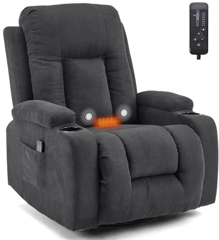 LEADZM Fernsehsessel Relaxsessel mit 360°-Drehung, Elektro-Massagesessel | mit Liegefunktion, Massage, Heizung, 2 Seitentaschen und Getränkehalter, TV-Sessel mit Liegeposition, Schwarz