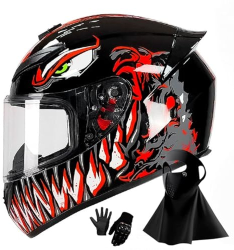 Motorcycle Helmets for Men, Full Face Helmets DOT Certified, Motorcycle Street Bike Helmet with Fiberglass Shell, with Mask and Gloves(BB red,L(57-58))