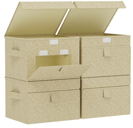 ENUMAIL Scatola a Copertura Ribaltabile,26x20x17cm,Grigio Beige,4 Pezzi | Scatole di Stoccaggio con Coperchio Anteriore,Organizzatore Armadio con Manici,Cubo Portaoggetti in Tessuto con Scheda PP