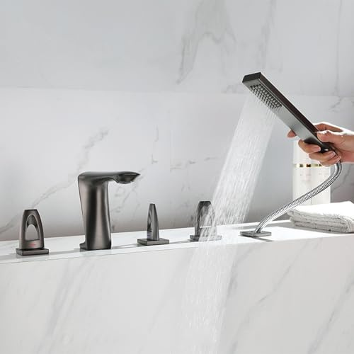 Rubinetto Vasca da Bagno Grigio Canna di Fucile 3 Manopole Doppia Uscita Acqua Miscelatore Bordo Vasca con Doccetta Estraibile e Deviatore G1/2''