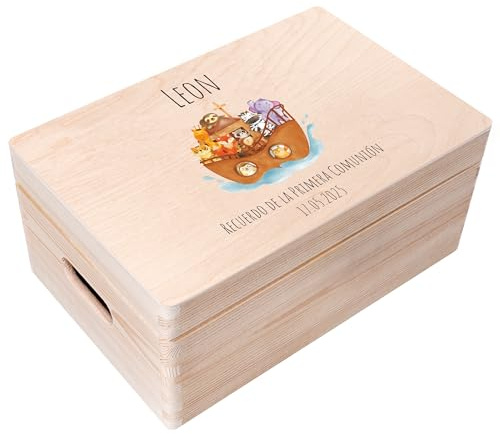 Creative DECO Caja Regalo Personalizada Primera Comunión para Niños y Niñas | Caja de Memoria de Madera| Personalizado - Arca de Noé | Impreso | Personalizadas para Niño y Niña | Personalizados