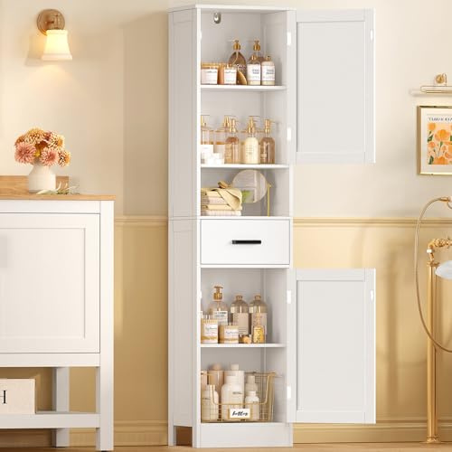 TEENFON Mobiletto Bagno Salvaspazio con Ante Regolabili, Mobile Bagno Alto con 2 Ante e 1 Cassetto, Colonna Bagno con Ripiani Regolabili, Mobiletto compatto da terra, Bianco 40x30x170cm