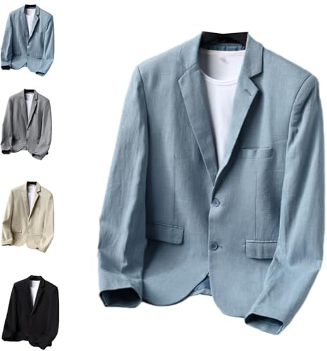 GAGFDA Giacca da uomo casual slim fit, in lino, con risvolto, 2 bottoni, per ufficio, lavoro, matrimoni, feste, serate, Blu, L