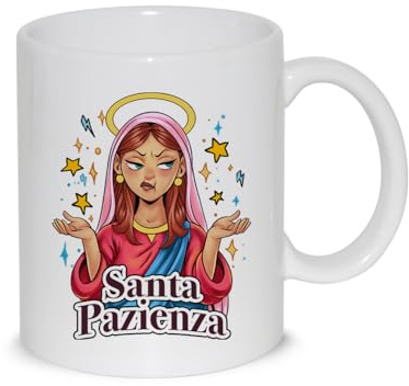 thedifferent Tazza Mug Colazione con grafica e scritta ironica e divertente - Santa Pazienza - Mug in ceramica per Latte caffè thè Relax idea regalo compleanno natale festa della Mamma Nonna Amica