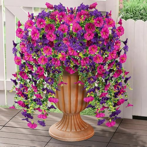 Regallop Artificial Outdoor Flowers Fake Plants, 4 Bundles Silk Morning Glory Eucalyptus Realistic Colorful Faux Flowers for Outside Planter Porch Yard Patio Balcony (Purple, fuchsia 4 pieces)