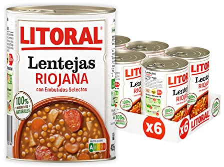 Litoral Lentejas a la Riojana pack 6x425g | Lentejas a la riojana plato preparado listo para comer con receta tradicional
