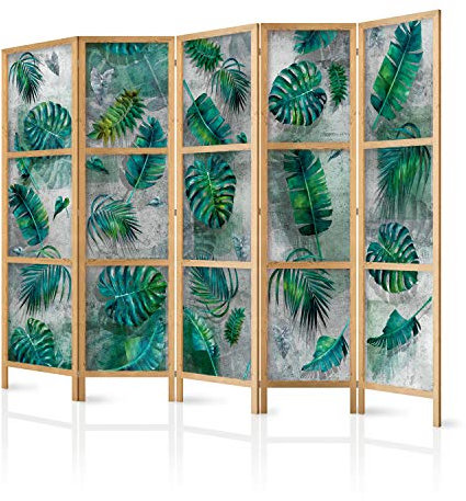 murando - Paravent Innen Raumteiler Holz Tropische Blätter 225x172 cm 5-teilig Japanische Trennwand Raumtrenner Room Divider Mobiler Sichtschutz Spanische Wand Raum Abtrennung Monstera b-A-0376-z-c