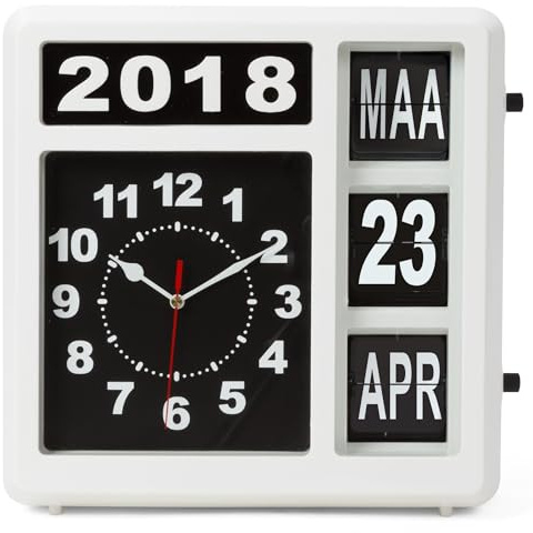 Perel Quadratische Uhr mit Flip-Over-Kalender, ideal für Sehbehinderte und Personen mit Alzheimer oder Demenz, analog, 31 x 31 cm, weiß/schwarz, niederländische Version