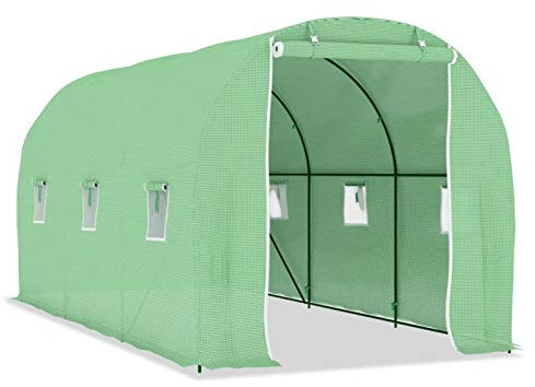 Festnight Gewächshaus mit Stahlfundament Gartenhaus Tomatenhaus Treibhaus Tomatenzelt Gartenhäuschen Frühbett mit 6 Seitenfenstern und 1 Tür 9 m² 4,5×2×2 m