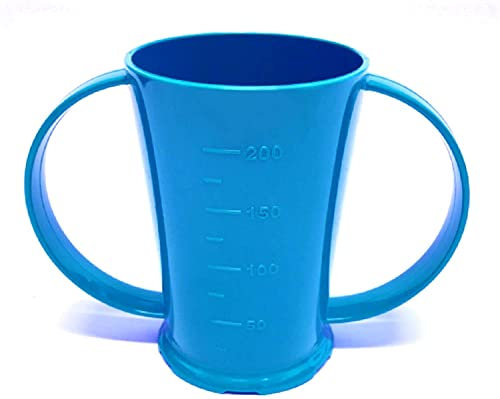 NuHorizons Healthcare Products Blue Two Handled Graduated Beaker with Lid - 200ml Adult Feeder Cup - Drinking Aids (Narrow Spout, Pack of 1)