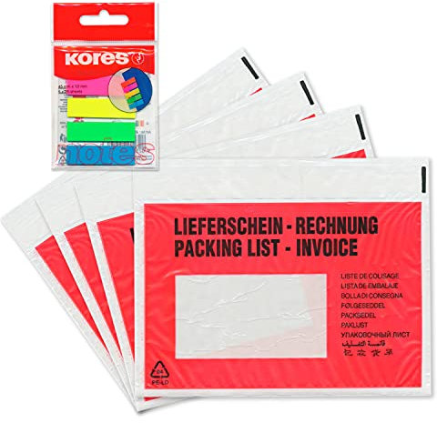 WPTrading - 250 x Premium Lieferscheintaschen 165 x 110 mm DIN C6 Rot Lieferschein/Rechnung inkl. 125 Page-Marker in 5 Farben - Dokumenten-Taschen selbstklebend - Begleitpapiertaschen für Versand