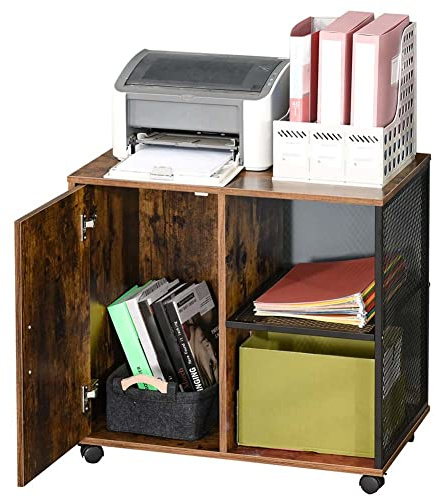 BAKAJI Mobile Mobiletto Porta Stampante Scrivania in Legno MDF e Metallo con 3 ripiani e Anta 4 Ruote Girevoli Design Moderno Industriale Arredamento Casa Ufficio Dimensione 70 x 40 x 65,5 cm