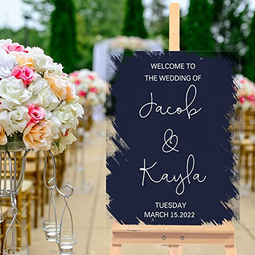 Panneau de bienvenue personnalisable en acrylique bleu marine transparent pour réception de mariage, décoration de fête prénuptiale, anniversaire, fête prénuptiale, 30,5 x 40,6 cm