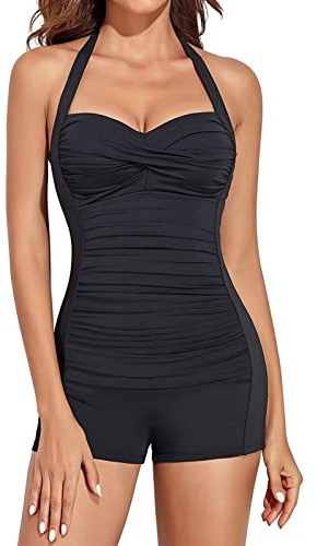 AmzBarley Womens Swimming Costumes 1-Piece Swimwear Tankini Bathing Suit Bikinis Halter Neck High Waist Tummy Control Ruched Boyleg Swimsuit Black XL