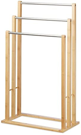PREMZO Towel Holder Stand Airer Rack Rail 3Tier Bamboo Wood Stainless Steel Top Freestanding Drying laundry Kitchen Home Bathroom Toilet Horse Hanging Holder