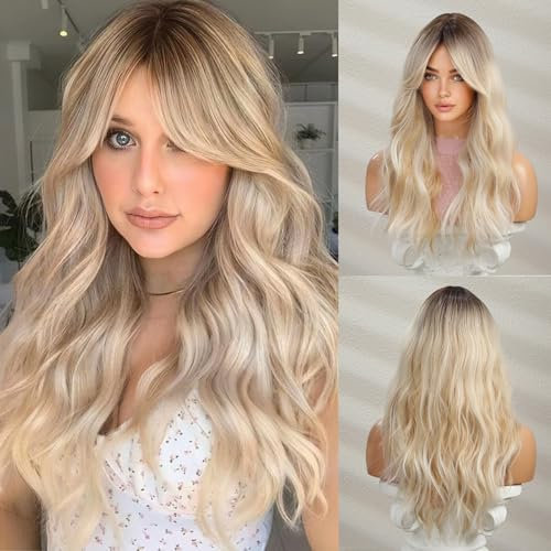 HAIRCUBE Parrucche Bionde Lunghe da Donna Parrucca di Capelli Sintetici con Frangia