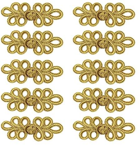 10 Paar Chinesische Knoten Frosch Knöpfe Verschluss Nähverschlüsse zum Nähen von Pullover, Umhänge, Mäntel, Strickjacken Kostüme, Gold(5y)