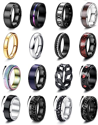 Adramata Edelstahl Ring Set - 16 Stück Schwarze und Silber Spinner Ringe für Herren - Anti-Stress Angst Fidget Band für Männer