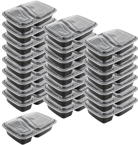 25 Stück Meal Prep Boxen Schwarze 2 Fächer Meal Prep Container 1000ml Wiederverwendbare Mealprepboxen Essensbox Plastik BPA Frei Lunchbox, Mikrowellengeeignet Essensbox mit Deckel für Lunch, Fitness