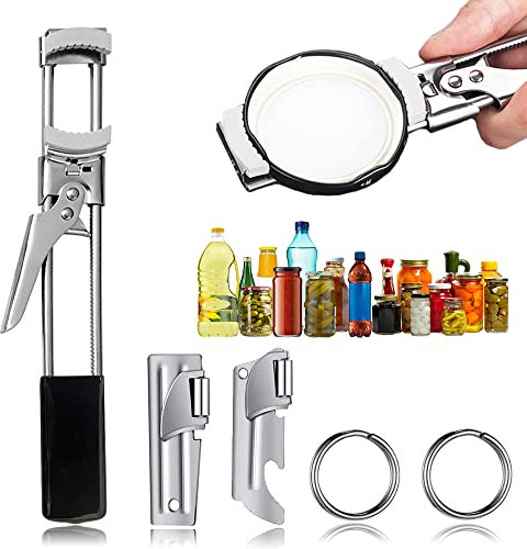 Apriscatole per mani deboli, apribottiglie regolabile con coperchio antiscivolo e 2 misure, in acciaio inox, apribottiglie con portachiavi, apribottiglie in vetro manuale