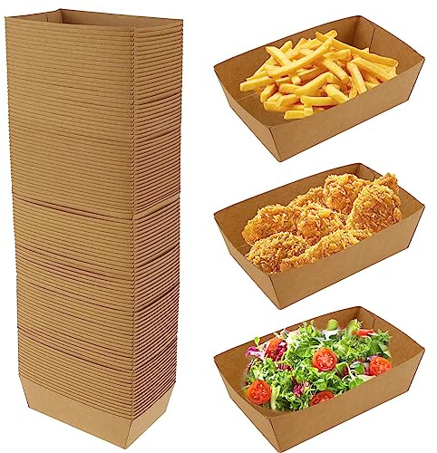 JTNero Barquettes en Carton 100pcs Boîte à Frites Bol Jetable Assiette Brune en Carton Papier Recyclable Plateau pour Collations Frites Salade Sushis Gâteau 13x8x4 cm