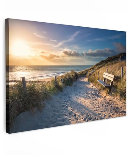 MuchoWow© Leinwand Bilder Wanddeko Wohnzimmer Aesthetic Room Decor Deko | 90x60 cm - Zimmer Wandbilder Modern Fotogeschenke Sonnenuntergang - Strand und Meer - Düne - Gras - Bank - Sonne