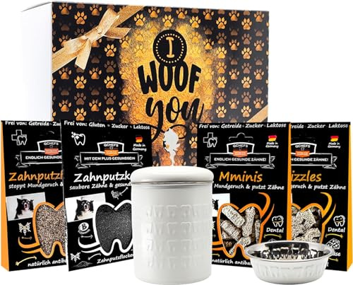 QCHEFS Glückskiste Dose Napf Hund Schlecknapf Zahnpflege Leckerli Hund | Aufbewahrung Box für Zahnpflege Leckerlie, Starterset, bei Mundgeruch, als Zahnsteinentferner
