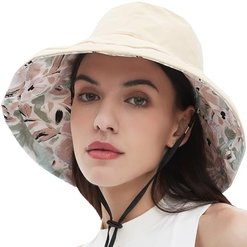 100% Cotton Women Sun Hats Wide Brim Gardening Bucket Hat Travel Sun Protection Packable Womens Beach Cap -Fold-UP Brim