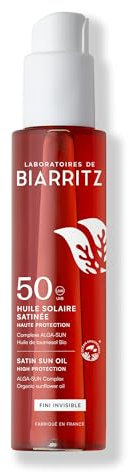 Laboratoires de Biarritz - Huile Solaire Satinée SPF50 - Texture Invisible - Visage, Corps & Cheveux - Parfum 100% d’Origine Naturelle - Protège & Sublime la Peau - 125 ml - Fabriquée en France