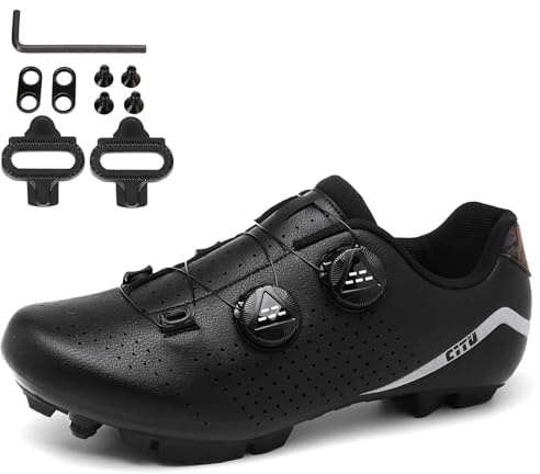 NGARY MTB Schuhe Fahrradschuhe Herren Damen kompatibel mit SPD 2 Schrauben mit Cleats, Mountainbike Schuhe Unisex Radsportschuhe Draussen,Schwarz,45 EU