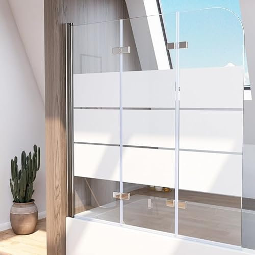 Gestreift Duschwand für Badewanne, Duschwand 140x140cm 3-teilig faltbar Duschtrennwand Badewannenaufsatz Gestreift Duschabtrennung Badewanne, 6mm ESG Sicherheitsglas