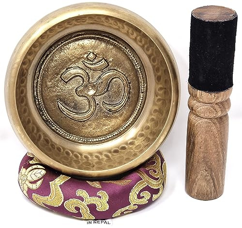 -Tibetisches Klangschalen-Set – 100% handgehämmert in Nepal. Klangschale für Meditation, Yoga, Chakra, Meditationszubehör, einzigartige Geschenke für Frauen, Männer (4,5 Zoll/11,5 cm) mit OM-Gravu