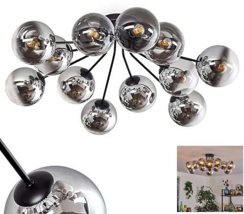 Gastor Ceiling Light, Ceiling lamp Made of Metal/Glass in Black/Chrome/Smoke/Clear, luminaire in a Modern Retro/Vintage Design with Glass Shades (Ø 15 cm), 12 x E14, Without Light Source