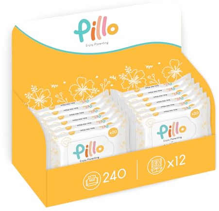 Pillo - Toallitas para bebé – 240 toallitas húmedas para niños – 12 paquetes de 20 toallitas Baby Pocket – 99,6% de ingredientes de origen vegetal con aloe vera y agua activa de avena