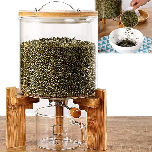 ZYJIX Cereal Dispenser Countertop With Measuring Cup, Rice Dispenser Glass Airtight Food Storage Container With Wooden Lid And Stand For Kitchen Organization And Storage(Size:5L)