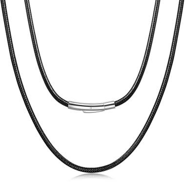 Inscca Leather Necklace Cord with Clasp 2mm Braided Rope Chain Stainless Steel 20 inches Neck Chains for Men [Pressed] Black Necklaces for Women