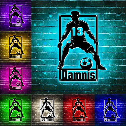 WILINNI Personalised Soccer Metal Sign With Led Lights Custom Name Sign Metal Soccer Neon Sign Sports Theme Gifts For Soccer Player Christmas Birthday (style 27)