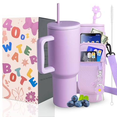 Sanilinwild 40 oz Tumbler with Handle and Straw Water Bottle Holder with Phone Pocket-BPA-Free-Easy to Carry-Travel Coffee Mug - Dishwasher Safe-Women Men for Holiday (Orchid)