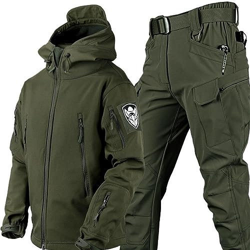 Mixtric Jagdbekleidung Für Herren, Softshelljacke Für Herren, Trainingssets Armeejacken, wasserdichte Militär-Kampfanzug-Sets, Wasserdicht, Reißverschluss, Kapuzenpullover,Grün,L