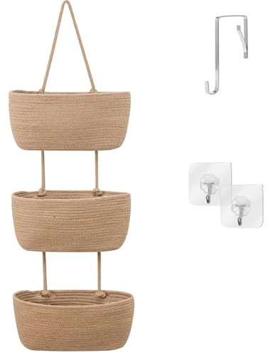 Kongming Organizzatore da parete a 3 strati, in lino, in corda di cotone, organizzatore da parete per bagno, campeggio (marrone chiaro)