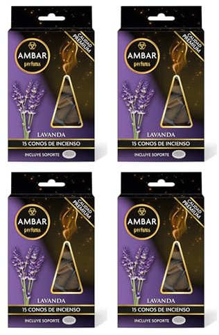 Ambar Perfums Conos de Incienso Lavanda | Pack de 4 (60 Conos en Total) con Soporte Incluido | Incienso Aromático con Aceites Naturales y Fragancia Premium | Relajación, Aromaterapia y Purificación
