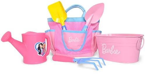 Barbie Garden Set – Real Gardening Tools for Kids with Watering Can, Metal Tools, Flower Pot and Storage Bag – Pink Tool Playset for Outdoors, 6 Pieces