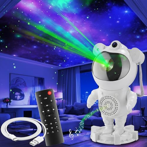 tectake® Lampada Astronauta Cielo Stellato, Proiettore Stelle a LED, 4 Colori RGB, Altoparlante Bluetooth e Musica, Testa Girevole 360°, Telecomando, Cavo USB-C, Regalo Bambini e Adulti - Bianco