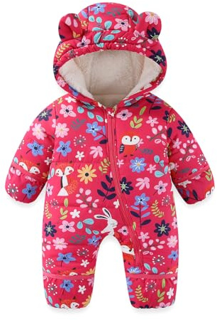 JiAmy Baby Winter Schneeanzug, Kleinkind Bär Kapuze Fold-Over Fäustlinge Füßlinge Overall Kleinkind Warm Fleece Strampler Mädchen Jungen Warm Jumpsuit 3-24 Monate